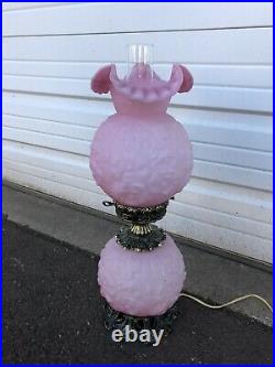 Vintage Fenton Oil Lamp With Pink Puffy Poppy Flowers Rose Large Size Rare