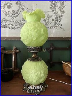Vintage Fenton Poppy Satin Green Custard Uranium Glass Gone With the Wind Lamp