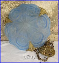 Vintage French Art Deco Blue Glass Chandelier Ceiling Lamp Signed Degué
