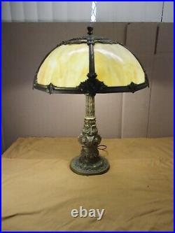 Vintage H. A. Best Art Nouveau Ornate Brass Table Lamp Marble Slag Glass Shade