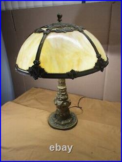 Vintage H. A. Best Art Nouveau Ornate Brass Table Lamp Marble Slag Glass Shade