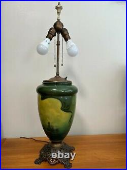 Vintage Handpainted Green Glass Vase & Brass Table Lamp, 32 T (Bottom to Top)