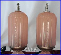 Vintage Houze Art DECO Opaque PINK Glass Electric Boudoir Dresser Bullet Lamps