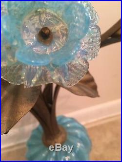 Vintage Italian 1960's Blue Murano Glass Lamp with Blue Opaline Glass Flowers