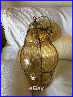 Vintage Italian Murano Blown Cage Optic Art Glass Chandelier Ceiling Light Lamp