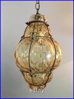 Vintage Italian Murano Blown Cage Optic Art Glass Chandelier Ceiling Light Lamp