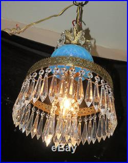 Vintage Lamp chandelier MURANO Venetian Turquoise Opaline Art Glass brass SWAG