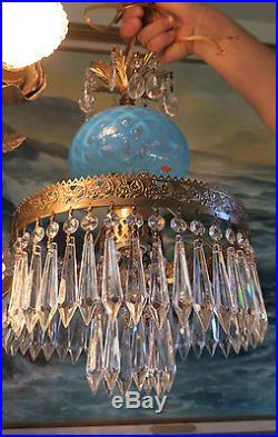 Vintage Lamp chandelier MURANO Venetian Turquoise Opaline Art Glass brass SWAG