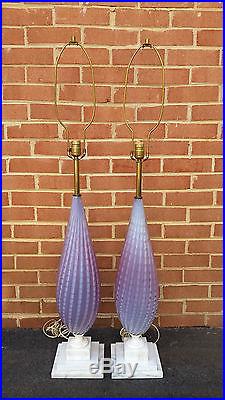 Vintage Large Murano Glass Lamp Pair Opalescent Purplish Pink Italian Glass