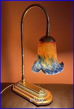 Vintage Library Desk Lamp With Art De France Style Glass Shade
