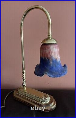 Vintage Library Desk Lamp With Art De France Style Glass Shade