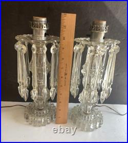 Vintage MCM Cut Glass Hollywood Regency Table Lamps Hanging Spear Prisms PAIR