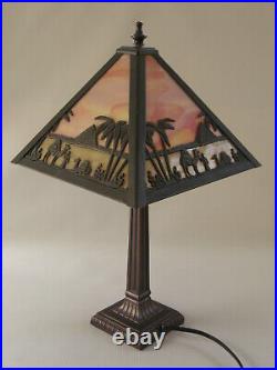 Vintage MEYDA Tiffany Style Stained Glass Lamp Pyramids, Palms, Camels, Figures