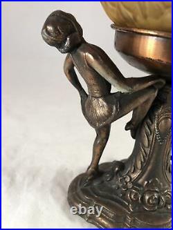 Vintage Metal Figural 11 Art Deco Amber Brain Glass Globe Lamp Dancing Ladies