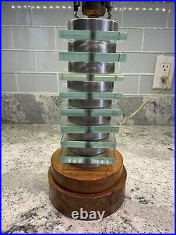 Vintage Mid Century Art Deco Stacked Glass Lamp Wooden Base WORKS Russel Wright