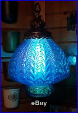 Vintage Mid Century Turquoise Blue Draped Art Glass Shade Hanging Swag Lamp