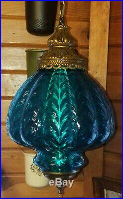 Vintage Mid Century Turquoise Blue Draped Art Glass Shade Hanging Swag Lamp