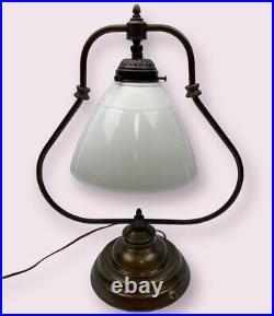 Vintage Milk Glass Harp Table Lamp Art Nouveau Tiffany Style Works Brass Bronze