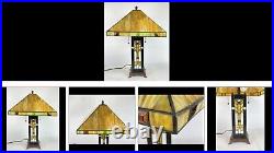 Vintage Mission Style Stain Glass Table Lamp with Integrated Accent Base Lighting