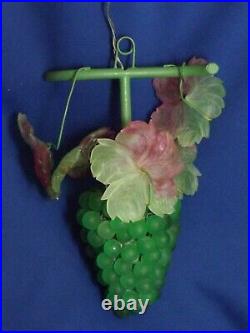 Vintage Murano Art Glass Green Grape Custer with 5 Glass Leaves Hanging Lamp FINE