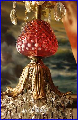 Vintage Octopus Insp. Crystal Lamp Chandelier Fenton Cranberry Hobnail Art Glass