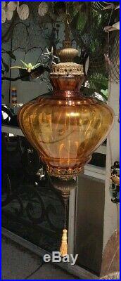 Vintage Ornate Swag Lamp Heart Shape Glass Amber Hanging Light Art Deco MCM