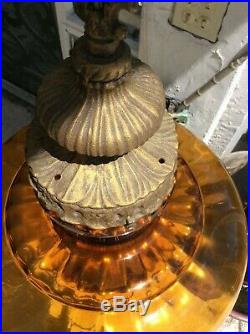 Vintage Ornate Swag Lamp Heart Shape Glass Amber Hanging Light Art Deco MCM