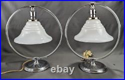 Vintage PAIR Chrome Chase Art Deco Table Lamps Cased Glass Shades Working