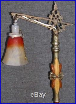 Vintage Painted Deco Bridge Floor Lamp Spider Web Base Schneider Art Glass Shade