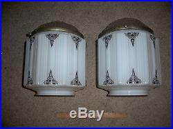 Vintage Pair White Milk Glass Art Deco Skyscraper Lamp Light Shades Globes