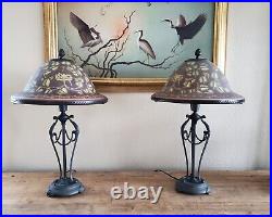 Vintage Pair of Art Nouveau Table Lamps Galle Style Glass Shades