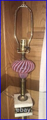 Vintage Pink & White Swirl Blown Art Glass Lamp Brass Marble 21.75 tall