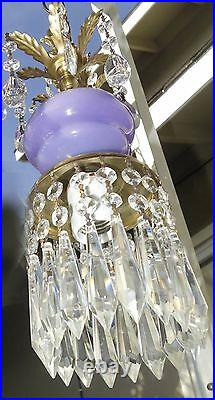 Vintage Purple amethyst Murano Art Glass Swag lamp brass crystal prisms pendant