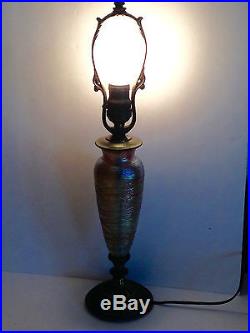 Vintage STEUBEN QUEZAL DURAND Green Iridescent Gold Threaded ART GLASS Lamp