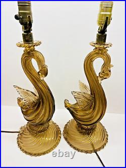 Vintage Set Of 2 Murano Gold Flake Grebe Art Glass Table Lamps 19