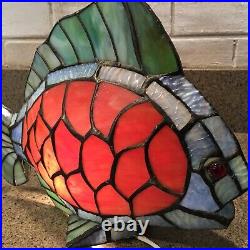 Vintage Signed Tiffany Stained Glass 12 Fish Accent Lamp