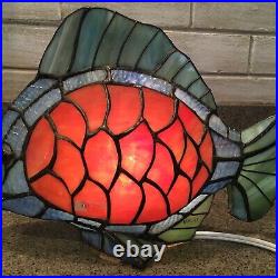 Vintage Signed Tiffany Stained Glass 12 Fish Accent Lamp