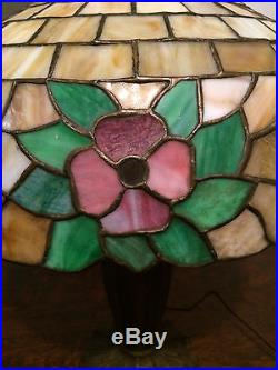 Vintage Slag stained glass leaded arts crafts Bradley hubbard era antique lamp