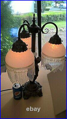 Vintage Three Graces Lady Table Lamp WithBeaded Shades Victorian Art Nouveau