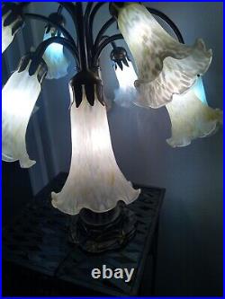 Vintage Tiffany Style ART Twelve Tulip Glass Shades Dragon Fly Metal Base Lamp