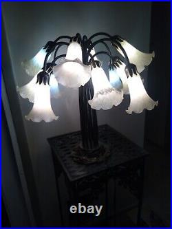 Vintage Tiffany Style ART Twelve Tulip Glass Shades Dragon Fly Metal Base Lamp