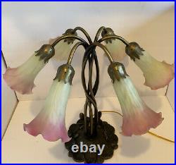 Vintage Tiffany Style Lilly Pad Lamp 6 Light Stained Art Glass Pink Tulip Shades