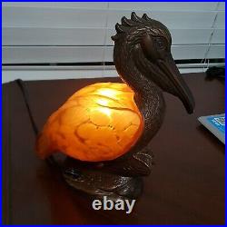 Vintage Tin Chi 2001 Amber Glass Pelican Lamp Andrea by Sadek Art Bronze Base