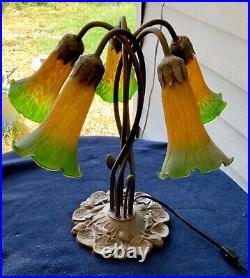 Vintage Trumpet Shade Art Nouveau Lily Pad Lamp Five Green Yellow Glass Shades