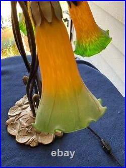 Vintage Trumpet Shade Art Nouveau Lily Pad Lamp Five Green Yellow Glass Shades