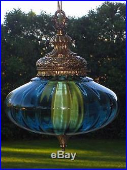Vintage UFO Space Age Modern BLUE Optic Art Glass Hanging Swag Lamp Light