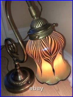 Vintage Vandermark Brass Lamp with Signed Glass Feathered Art Lamp Shade