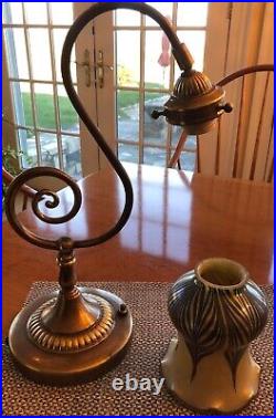 Vintage Vandermark Brass Lamp with Signed Glass Feathered Art Lamp Shade