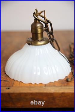Vintage art deco ceiling light industrial lamp milk glass shade Oc White era
