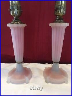 Vtg 30s Art Deco Boudoir Bed Side Table Nightstand Glass Lamps Rose Pink Pair